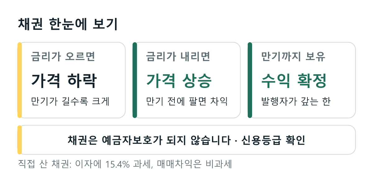 채권은 시장 금리가 오르면 가격이 내리고 금리가 내리면 가격이 오름. 만기까지 보유하면 약속한 이자와 원금을 받음. 예금자보호 대상이 아님