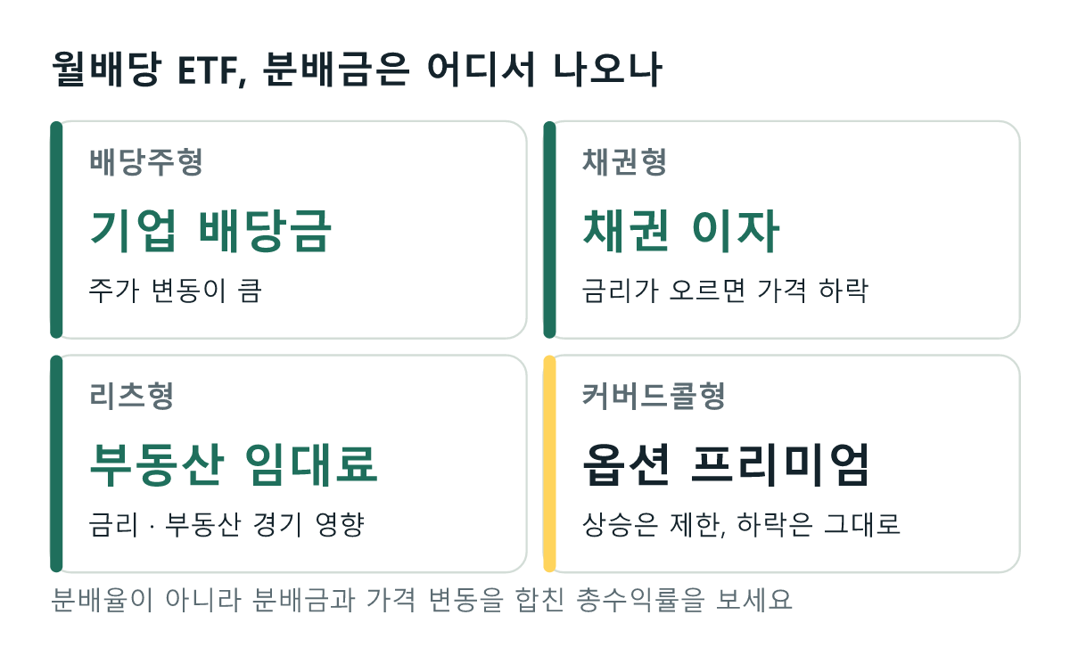 월배당 ETF 유형: 배당주형은 기업 배당금, 채권형은 채권 이자, 리츠형은 부동산 임대료, 커버드콜형은 옵션 프리미엄이 분배금의 재원. 커버드콜형은 상승이 제한되고 하락은 그대로 반영